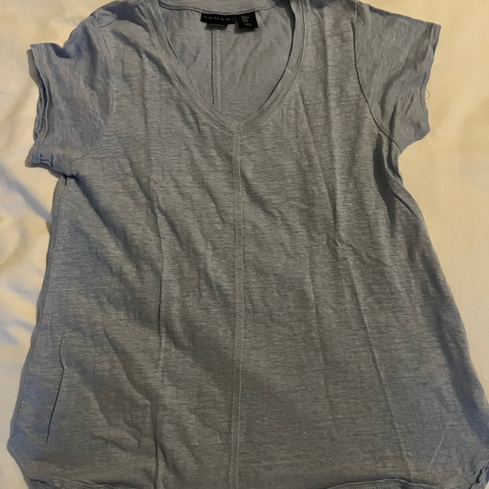 Tahari Top Women's Size Medium Linen T-shirt Tunic Light Blue